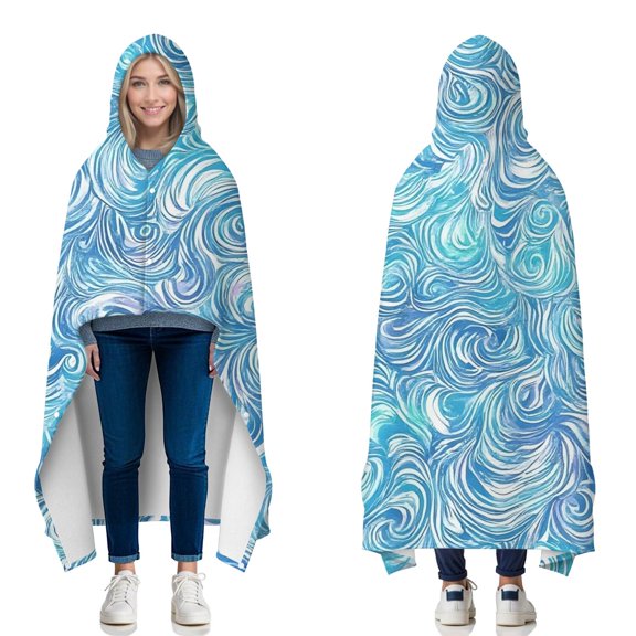 Wearable Blanket,Blue White Tie Dye Wave Pattern Hooded Wearable Flannel Blanket for Adults & Teens with Buckle,Winter Poncho Shawl Wrap Cape,50"x60"
