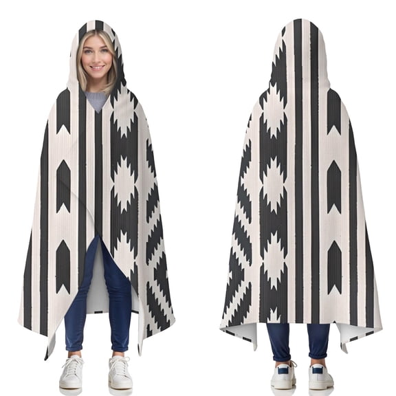 Wearable Blanket,Boho Black and White Diamond Central Ethnic Pattern Hooded Wearable Flannel Blanket for Adults & Teens,Winter Poncho Shawl Wrap Cape Cozy Anti-Pill,50"x60"