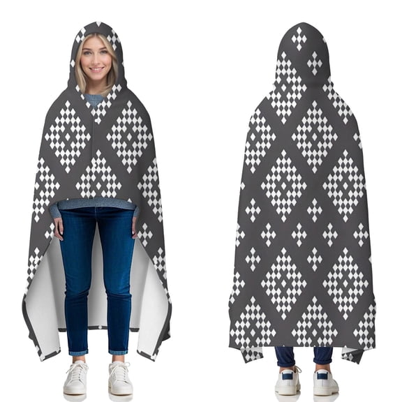 Wearable Blanket,Boho Black and White Diamond Ethnic Pattern Hooded Wearable Flannel Blanket for Adults & Teens with Buckle,Winter Poncho Shawl Wrap Cape,50"x60"