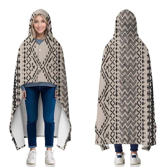 Wearable Blanket,Boho Black and White Ethnic Pattern Hooded Wearable Flannel Blanket for Adults & Teens with Buckle,Winter Poncho Shawl Wrap Cape,60"x80"