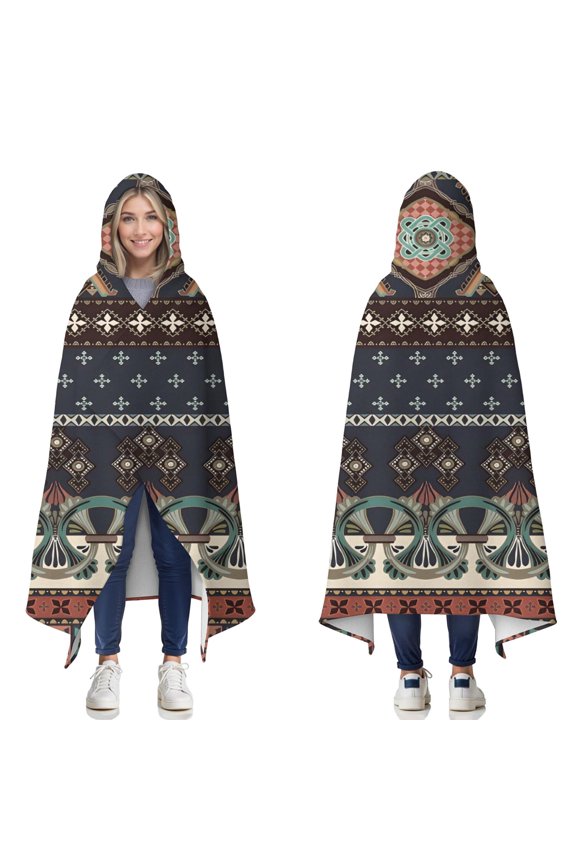 Wearable Blanket,Boho Blue Elaborate Ethnic Pattern Hooded Wearable Flannel Blanket for Adults & Teens,Winter Poncho Shawl Wrap Cape Cozy Anti-Pill,60"x80"