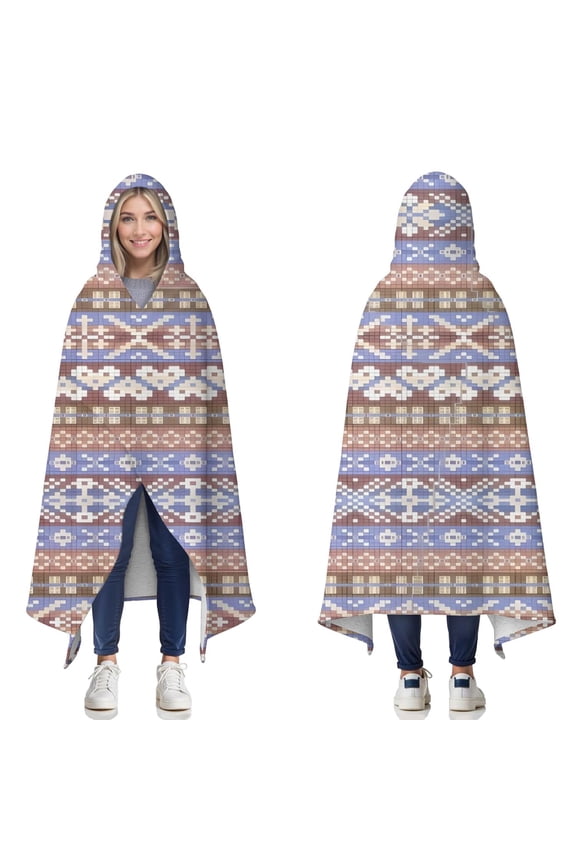 Wearable Blanket,Boho Blue Knitted Ethnic Pattern Hooded Wearable Sherpa Blanket for Adults & Teens,Winter Poncho Shawl Wrap Cape Thick Warm,50"x60"