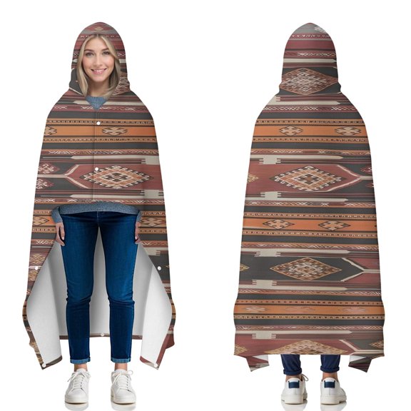 Wearable Blanket,Boho Red Ethnic Pattern with Diamond Motifs Hooded Wearable Flannel Blanket for Adults & Teens with Buckle,Winter Poncho Shawl Wrap Cape,60"x80"