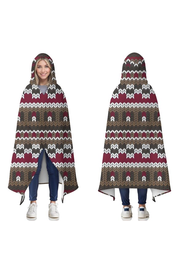 Wearable Blanket,Boho Red Knitted Ethnic Pattern Hooded Wearable Flannel Blanket for Adults & Teens,Winter Poncho Shawl Wrap Cape Cozy Anti-Pill,50"x60"