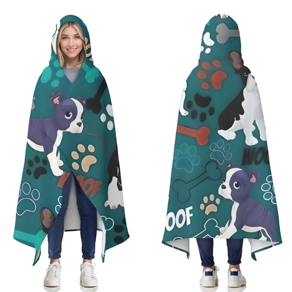 Wearable Blanket,Boston Terrier with Bones and Paws Hooded Wearable Flannel Blanket for Adults & Teens,Winter Poncho Shawl Wrap Cape Cozy Anti-Pill,50"x60"
