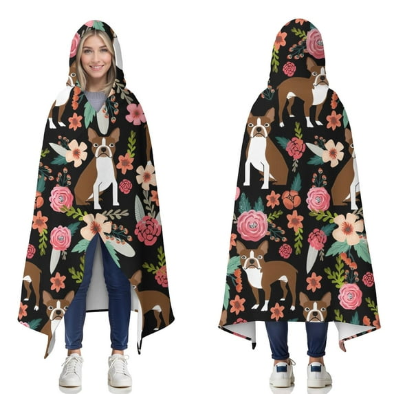 Wearable Blanket,Boston Terrier Dog with Pioneer Flower Hooded Wearable Flannel Blanket for Adults & Teens,Winter Poncho Shawl Wrap Cape Cozy Anti-Pill,50"x60"