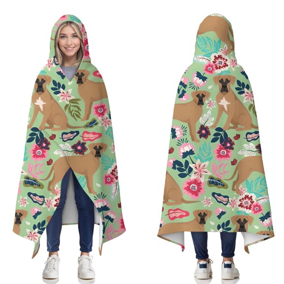 Wearable Blanket,Boxer Dog and Flower Florals Hooded Wearable Flannel Blanket for Adults & Teens,Winter Poncho Shawl Wrap Cape Cozy Anti-Pill,50"x60"