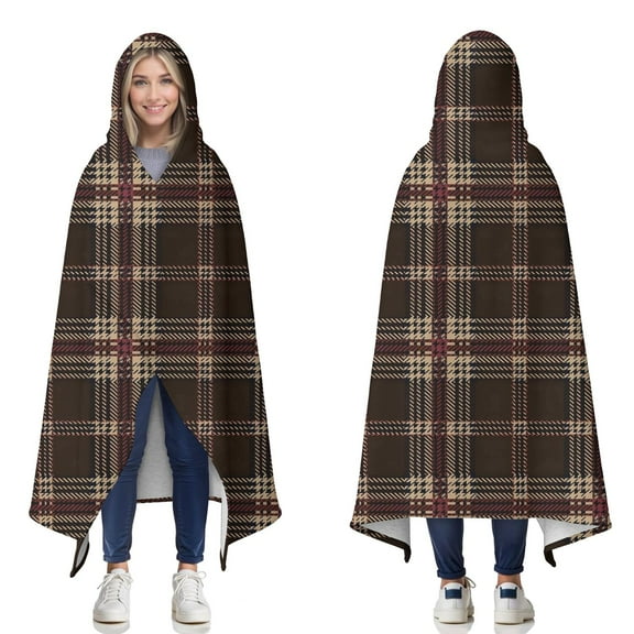 Wearable Blanket,Brown Beige Checkerboard Checkered Pattern Hooded Wearable Sherpa Blanket for Adults & Teens,Winter Poncho Shawl Wrap Cape Thick Warm,50"x60"