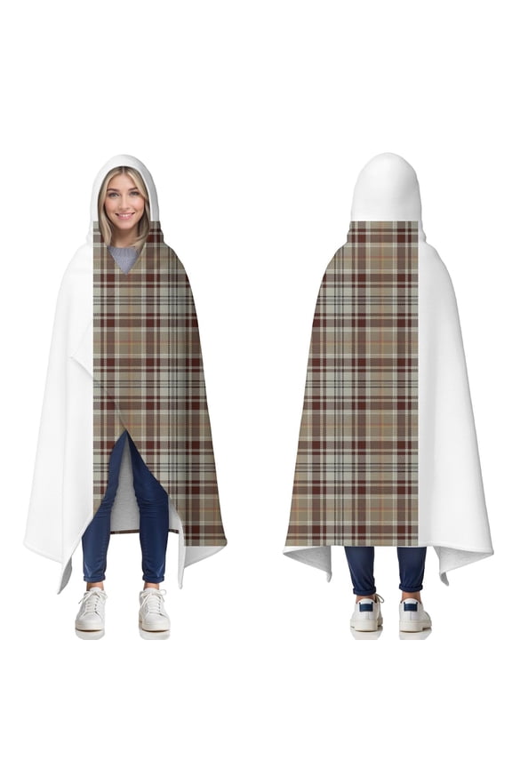 Wearable Blanket,Brown Beige Plaid Checkered Pattern Hooded Wearable Sherpa Blanket for Adults & Teens,Winter Poncho Shawl Wrap Cape Thick Warm,60"x80"