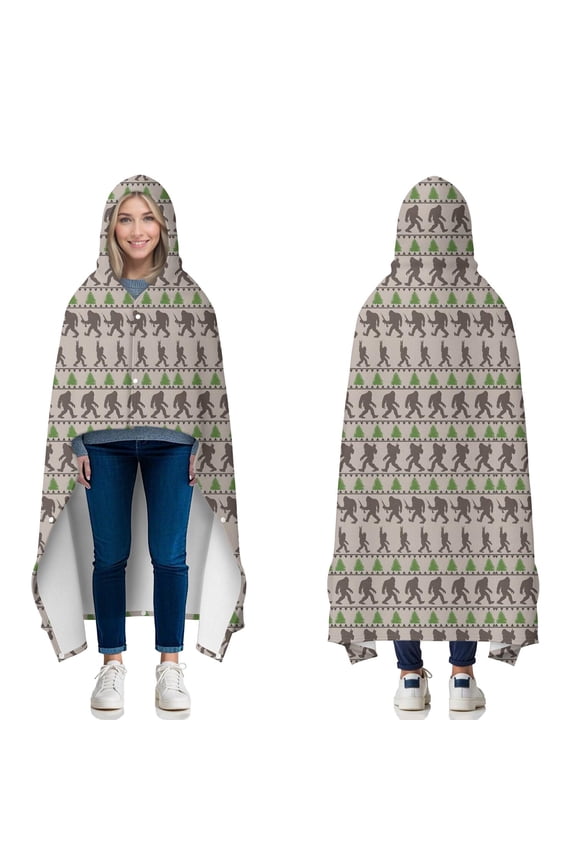 Wearable Blanket,Brown Bigfoot and Pine Tree Pattern Hooded Wearable Flannel Blanket for Adults & Teens with Buckle,Winter Poncho Shawl Wrap Cape,50"x60"