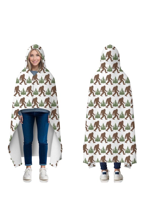 Wearable Blanket,Brown Bigfoot and Pine Tree Pattern Hooded Wearable Flannel Blanket for Adults & Teens with Buckle,Winter Poncho Shawl Wrap Cape,50"x60"