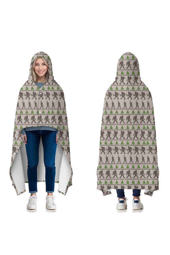 Wearable Blanket,Brown Bigfoot and Pine Tree Pattern Hooded Wearable Flannel Blanket for Adults & Teens with Buckle,Winter Poncho Shawl Wrap Cape,60"x80"