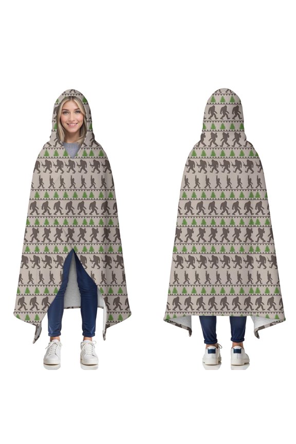 Wearable Blanket,Brown Bigfoot and Pine Tree Pattern Hooded Wearable Sherpa Blanket for Adults & Teens,Winter Poncho Shawl Wrap Cape Thick Warm,50"x60"