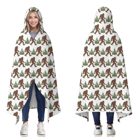 Wearable Blanket,Brown Bigfoot and Pine Tree Pattern Hooded Wearable Sherpa Blanket for Adults & Teens,Winter Poncho Shawl Wrap Cape Thick Warm,50"x60"