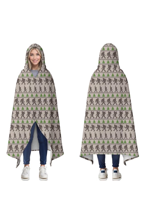 Wearable Blanket,Brown Bigfoot and Pine Tree Pattern Hooded Wearable Sherpa Blanket for Adults & Teens,Winter Poncho Shawl Wrap Cape Thick Warm,60"x80"