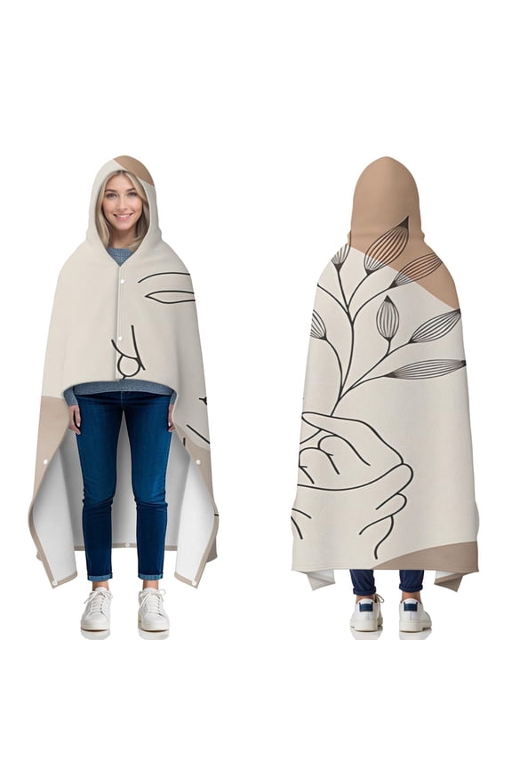 Wearable Blanket,Brown Boho Line Art Face and Plant Pattern Hooded Wearable Flannel Blanket for Adults & Teens with Buckle,Winter Poncho Shawl Wrap Cape,50"x60"
