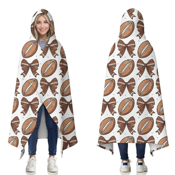Wearable Blanket,Brown Footballs and Bows Pattern Hooded Wearable Sherpa Blanket for Adults & Teens,Winter Poncho Shawl Wrap Cape Thick Warm,50"x60"
