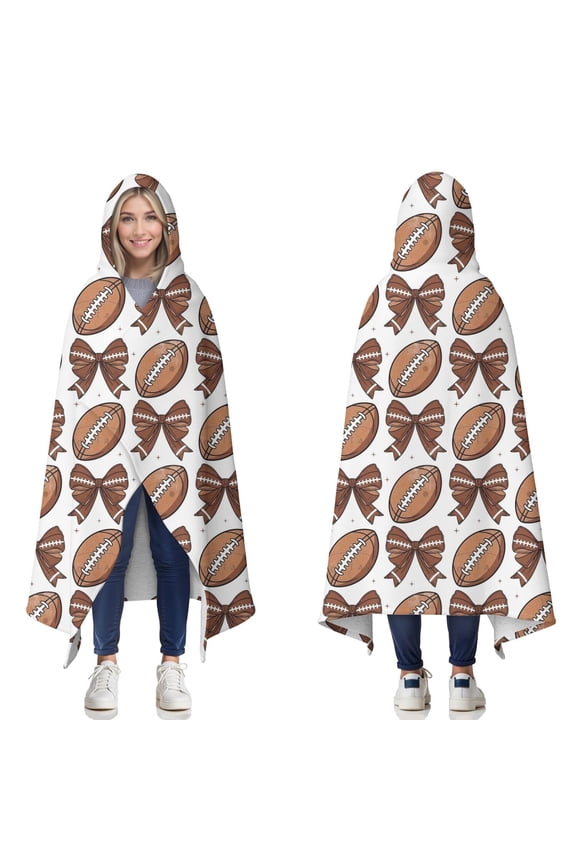 Wearable Blanket,Brown Footballs and Bows Pattern Hooded Wearable Sherpa Blanket for Adults & Teens,Winter Poncho Shawl Wrap Cape Thick Warm,60"x80"