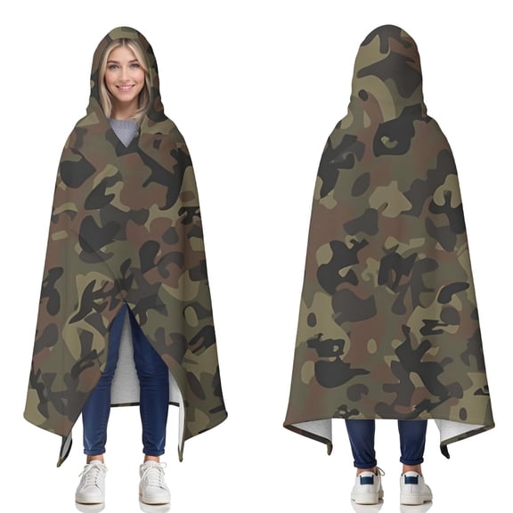 Wearable Blanket,Brown Green Camo Classic Pattern Hooded Wearable Sherpa Blanket for Adults & Teens,Winter Poncho Shawl Wrap Cape Thick Warm,50"x60"