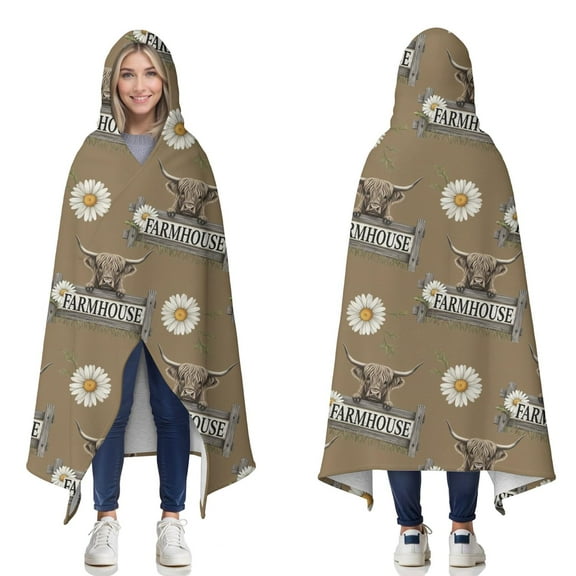 Wearable Blanket,Brown Highland Cow Daisy Farmhouse Pattern Hooded Wearable Sherpa Blanket for Adults & Teens,Winter Poncho Shawl Wrap Cape Thick Warm,50"x60"
