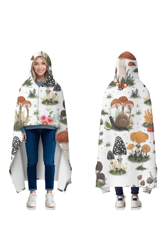 Wearable Blanket,Brown Mushroom Bug White Pattern Hooded Wearable Flannel Blanket for Adults & Teens with Buckle,Winter Poncho Shawl Wrap Cape,50"x60"