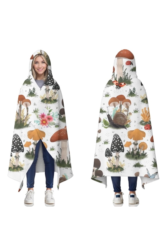 Wearable Blanket,Brown Mushroom Bug White Pattern Hooded Wearable Sherpa Blanket for Adults & Teens,Winter Poncho Shawl Wrap Cape Thick Warm,60"x80"
