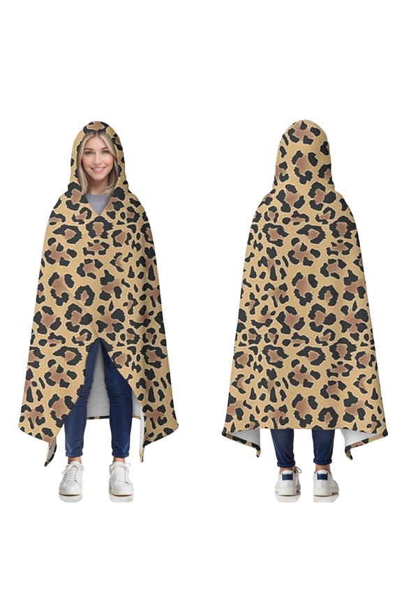Wearable Blanket,Brown and Black Leopard Print Hooded Wearable Sherpa Blanket for Adults & Teens,Winter Poncho Shawl Wrap Cape Thick Warm,50"x60"