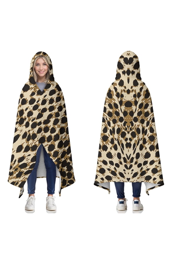 Wearable Blanket,Brown and Black Leopard Print Hooded Wearable Sherpa Blanket for Adults & Teens,Winter Poncho Shawl Wrap Cape Thick Warm,60"x80"