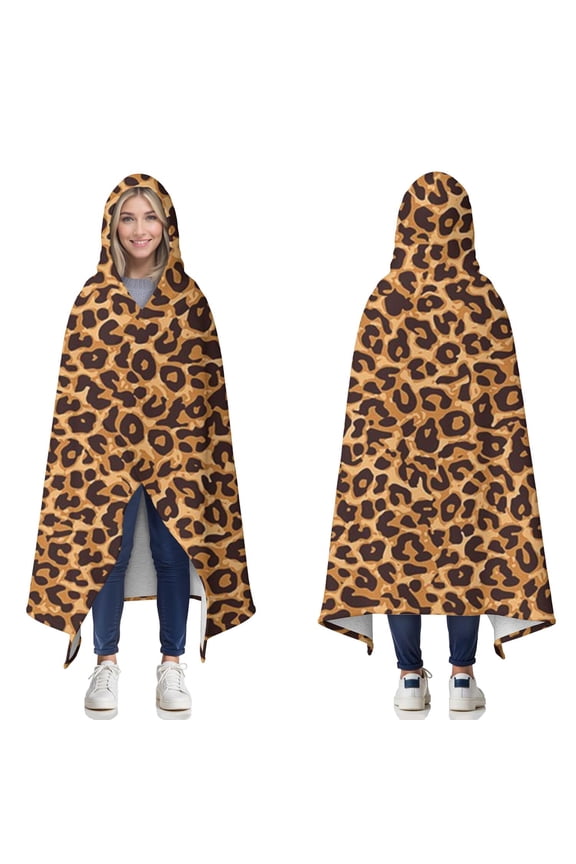 Wearable Blanket,Brown and Black Leopard Print Hooded Wearable Sherpa Blanket for Adults & Teens,Winter Poncho Shawl Wrap Cape Thick Warm,60"x80"