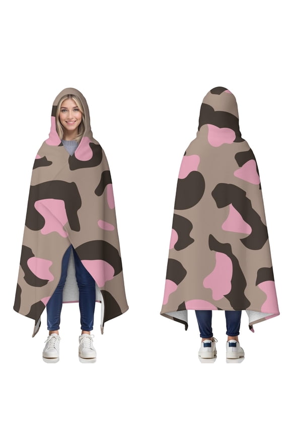 Wearable Blanket,Brown and Pink Of Leopard Print Hooded Wearable Sherpa Blanket for Adults & Teens,Winter Poncho Shawl Wrap Cape Thick Warm,50"x60"