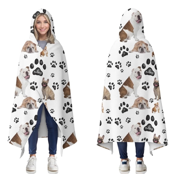 Wearable Blanket,Bulldog Dog and Footprints Hooded Wearable Flannel Blanket for Adults & Teens,Winter Poncho Shawl Wrap Cape Cozy Anti-Pill,50"x60"