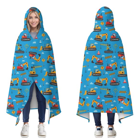 Wearable Blanket,Cartoon Construction Vehicles Barriers Blue Pattern Hooded Wearable Flannel Blanket for Adults & Teens,Winter Poncho Shawl Wrap Cape Cozy Anti-Pill,50"x60"