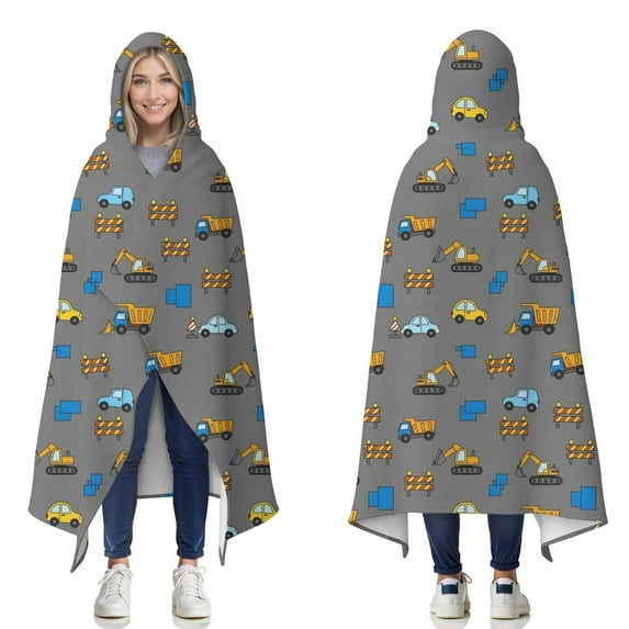 Wearable Blanket,Cartoon Construction Vehicles Cars Gray Pattern Hooded Wearable Flannel Blanket for Adults & Teens,Winter Poncho Shawl Wrap Cape Cozy Anti-Pill,50"x60"