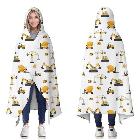 Wearable Blanket,Cartoon Construction Vehicles Concrete Mixers Hooded Wearable Sherpa Blanket for Adults & Teens,Winter Poncho Shawl Wrap Cape Thick Warm,60"x80"