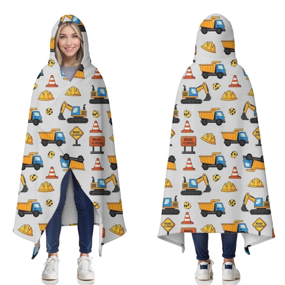 Wearable Blanket,Cartoon Construction Vehicles Cones Gray Pattern Hooded Wearable Sherpa Blanket for Adults & Teens,Winter Poncho Shawl Wrap Cape Thick Warm,60"x80"