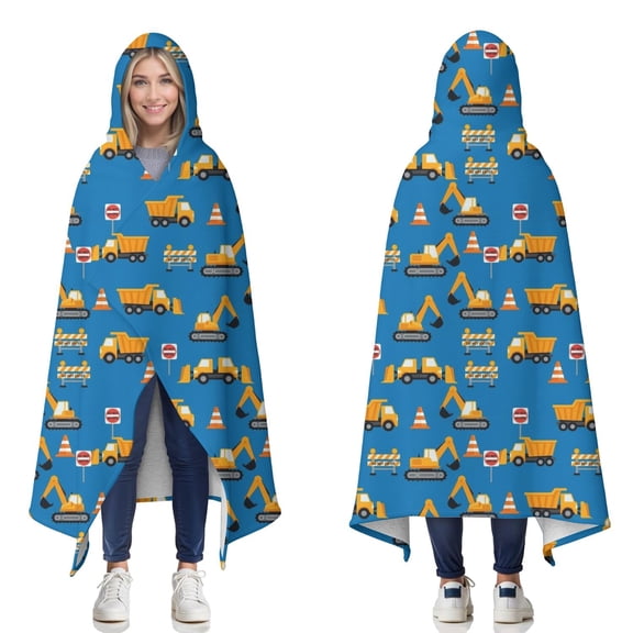 Wearable Blanket,Cartoon Construction Vehicles Cones Hooded Wearable Sherpa Blanket for Adults & Teens,Winter Poncho Shawl Wrap Cape Thick Warm,50"x60"