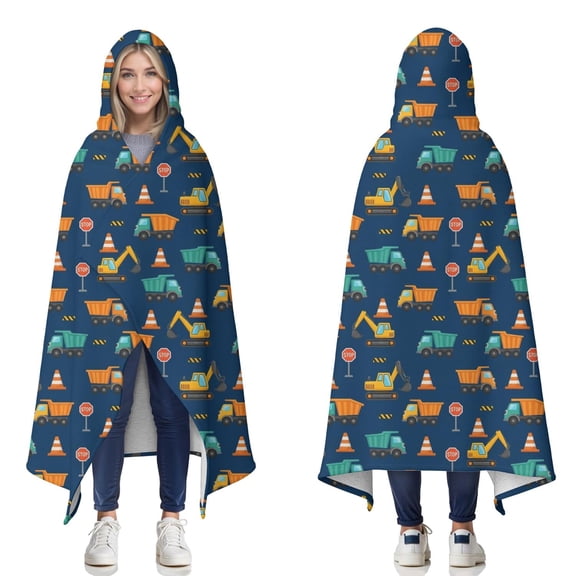 Wearable Blanket,Cartoon Construction Vehicles Cones Hooded Wearable Sherpa Blanket for Adults & Teens,Winter Poncho Shawl Wrap Cape Thick Warm,60"x80"