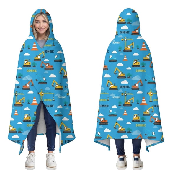 Wearable Blanket,Cartoon Construction Vehicles Cones Hooded Wearable Sherpa Blanket for Adults & Teens,Winter Poncho Shawl Wrap Cape Thick Warm,60"x80"