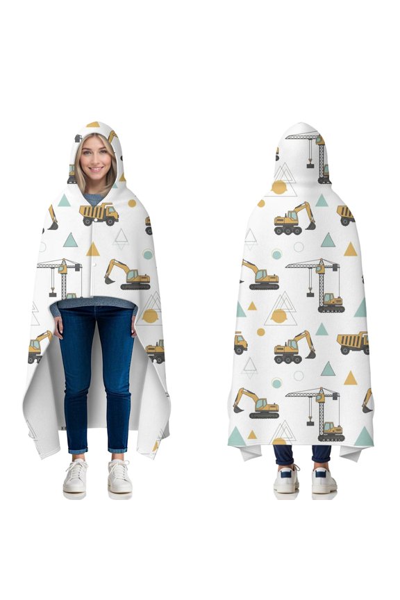 Wearable Blanket,Cartoon Construction Vehicles Geometric Shapes Hooded Wearable Flannel Blanket for Adults & Teens with Buckle,Winter Poncho Shawl Wrap Cape,50"x60"