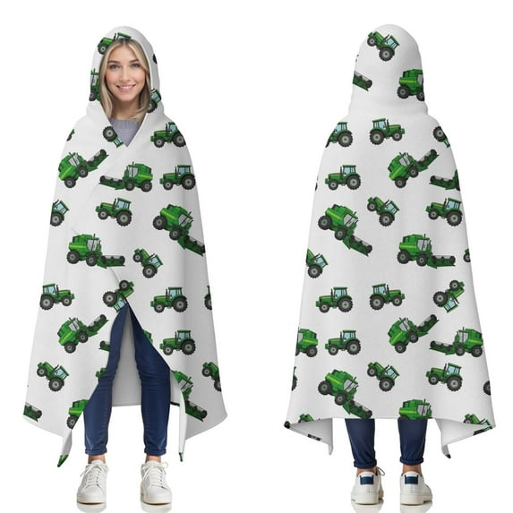 Wearable Blanket,Cartoon Construction Vehicles Green Gray Pattern Hooded Wearable Flannel Blanket for Adults & Teens,Winter Poncho Shawl Wrap Cape Cozy Anti-Pill,50"x60"