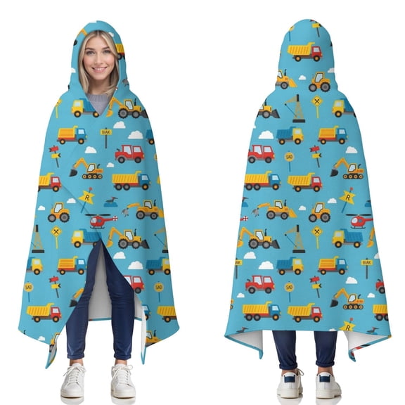 Wearable Blanket,Cartoon Construction Vehicles Helicopters Hooded Wearable Flannel Blanket for Adults & Teens,Winter Poncho Shawl Wrap Cape Cozy Anti-Pill,50"x60"