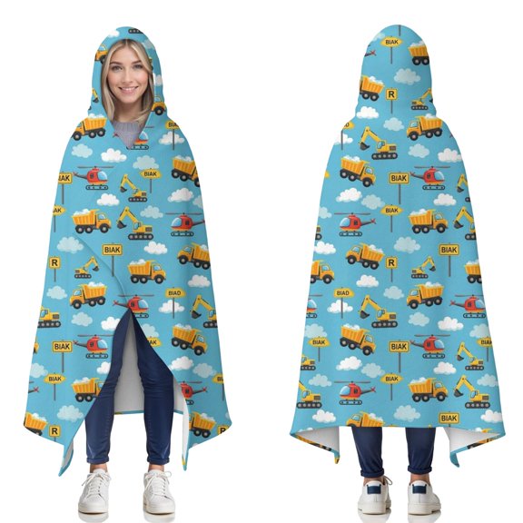 Wearable Blanket,Cartoon Construction Vehicles Helicopters Hooded Wearable Flannel Blanket for Adults & Teens,Winter Poncho Shawl Wrap Cape Cozy Anti-Pill,50"x60"
