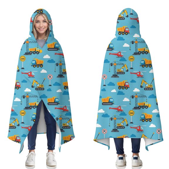 Wearable Blanket,Cartoon Construction Vehicles Helicopters Hooded Wearable Flannel Blanket for Adults & Teens,Winter Poncho Shawl Wrap Cape Cozy Anti-Pill,50"x60"