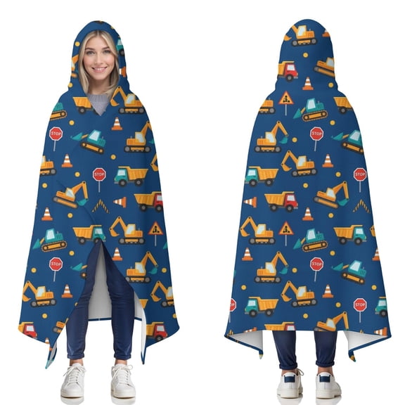 Wearable Blanket,Cartoon Construction Vehicles Road Cones Hooded Wearable Flannel Blanket for Adults & Teens,Winter Poncho Shawl Wrap Cape Cozy Anti-Pill,50"x60"