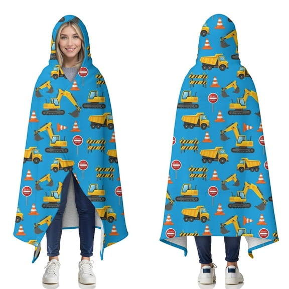 Wearable Blanket,Cartoon Construction Vehicles Road Cones Hooded Wearable Sherpa Blanket for Adults & Teens,Winter Poncho Shawl Wrap Cape Thick Warm,50"x60"