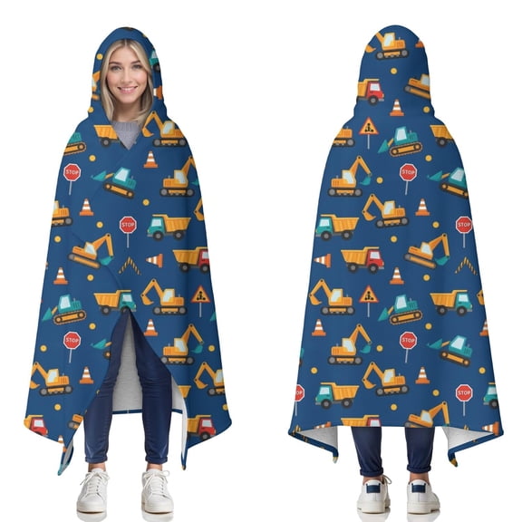 Wearable Blanket,Cartoon Construction Vehicles Road Cones Hooded Wearable Sherpa Blanket for Adults & Teens,Winter Poncho Shawl Wrap Cape Thick Warm,50"x60"