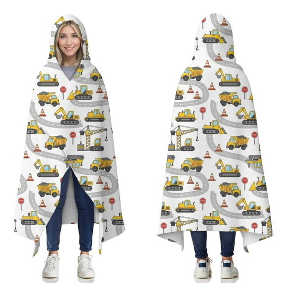 Wearable Blanket,Cartoon Construction Vehicles Roads Hooded Wearable Flannel Blanket for Adults & Teens,Winter Poncho Shawl Wrap Cape Cozy Anti-Pill,60"x80"