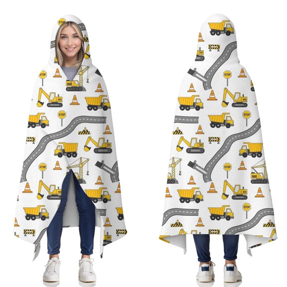 Wearable Blanket,Cartoon Construction Vehicles Roads White Pattern Hooded Wearable Flannel Blanket for Adults & Teens,Winter Poncho Shawl Wrap Cape Cozy Anti-Pill,50"x60"