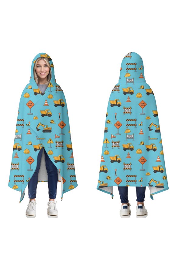 Wearable Blanket,Cartoon Construction Vehicles Signs Light Blue Pattern Hooded Wearable Sherpa Blanket for Adults & Teens,Winter Poncho Shawl Wrap Cape Thick Warm,60"x80"