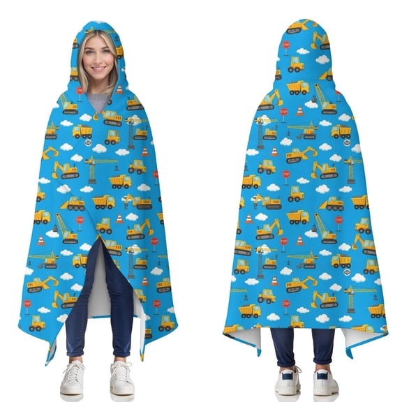 Wearable Blanket,Cartoon Construction Vehicles Traffic Cones Hooded Wearable Flannel Blanket for Adults & Teens,Winter Poncho Shawl Wrap Cape Cozy Anti-Pill,50"x60"